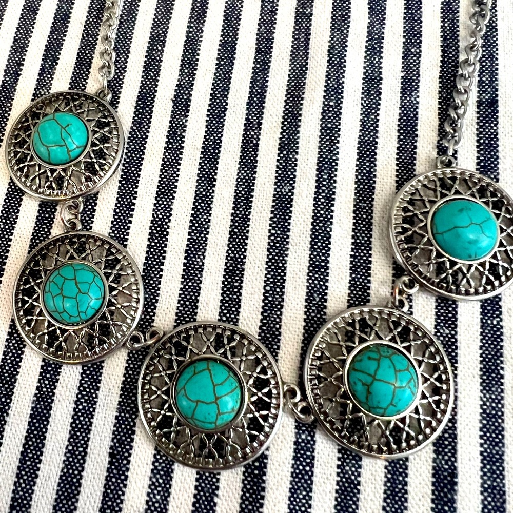 Silver Toned Turquoise Staple Necklace